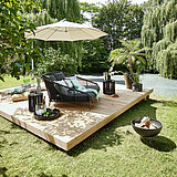 Freilicht: Sonnenbett G999-100-140 (Ibiza), ca. B 149, H 86, SH 42, T 156, ST 110 cm, Gestell: Aluminium pulverbeschichtet anthrazit, Kordelflechtung grau, Sitz mit Gurtfederung, Stoff Praia 090/ Quick Dry Foam