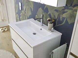 Badezimmermöbel REVENTO LINE Schneeweiß Glanz Waschtisch Solid Surface weiß matt