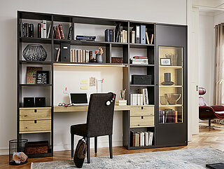 Kara-System: Vorschlag 57213, ca. B 285, H 218, T 49 cm, Asteiche / Lack Graphit