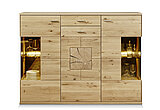 Highboard 179 126, approx. W 182, H 136, D 40 cm, solid wild oak, bianco oiled/bronze glass